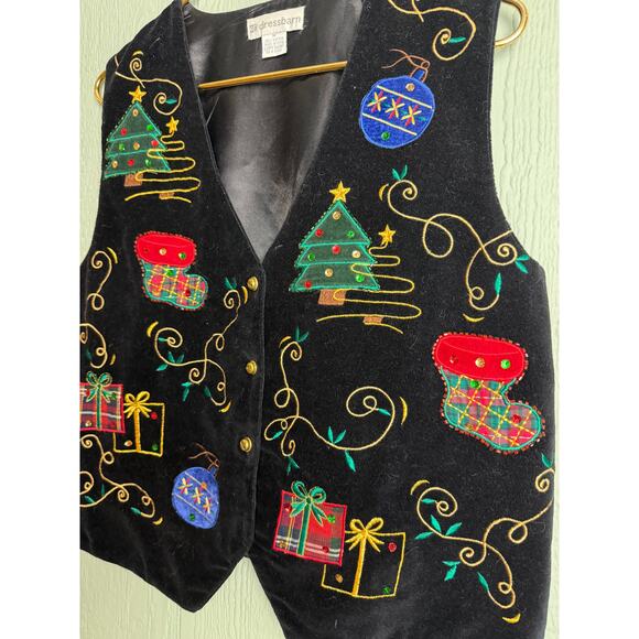 Vintage 90s Christmas Vest Women’s M – Velvet Embroidered Ornaments - Picture 3 of 4